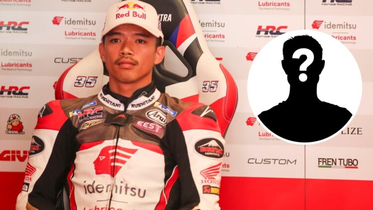 Somkiat Chantra sits in the LCR Honda garage; inset of a mystery rider