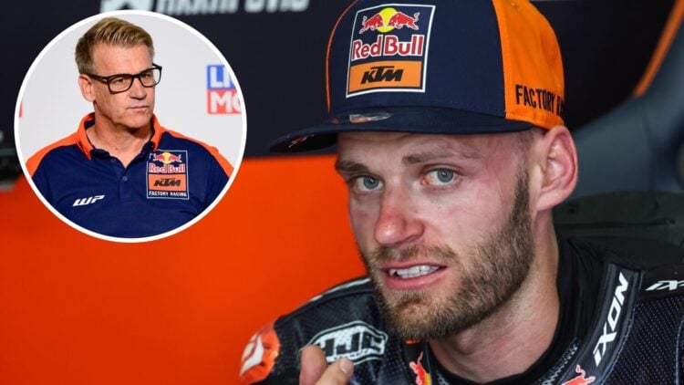KTM rider Brad Binder sits in the garage during practice for the 2025 MotoGP German Grand Prix with an inset of motorsport director Pit Beirer