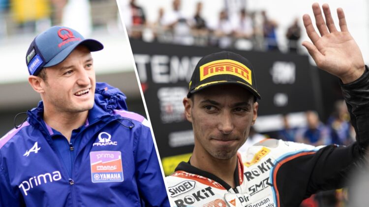 Pramac Yamaha rider Jack Miller before the 2025 MotoGP German Grand Prix and BMW rider Toprak Razgatlioglou celebarates winning a World Superbikes ...