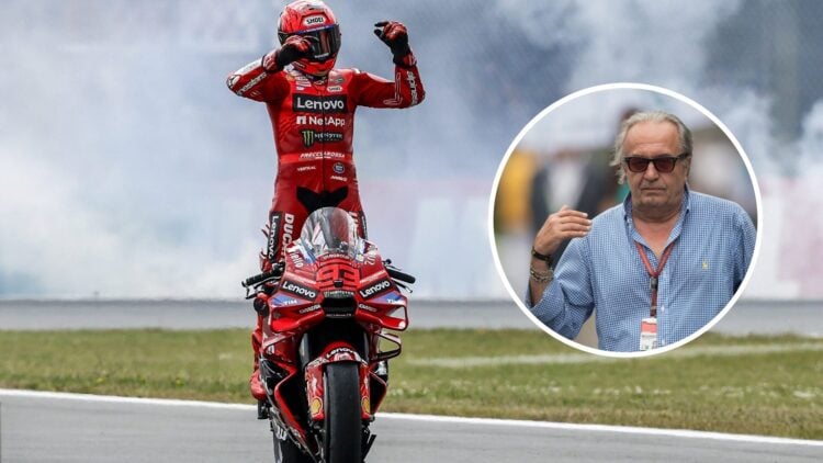 Marc Marquez celebrates a MotoGP win on his Ducati bike; inset of Carlo Pernat