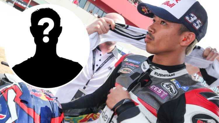 LCR Honda rider Somkiat Chantra on the grid for the Mugello Sprint Race at the 2025 MotoGP Italian Grand Prix with a mystery person inset