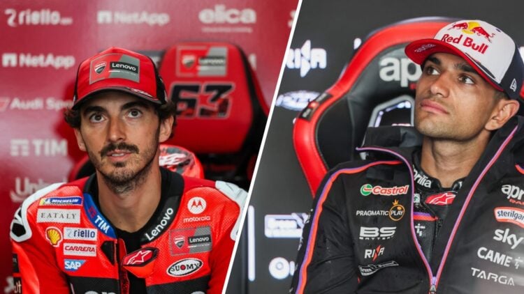 Francesco Bagnaia of Ducati and Jorge Martin of Aprilia Racing during the 2025 MotoGP season