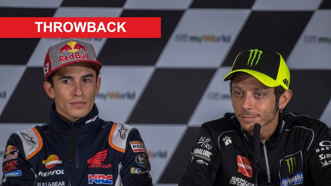 Valentino Rossi and Marc Marquez at the press conference at the 2019 Austrian Grand Prix, with a Throwback banner