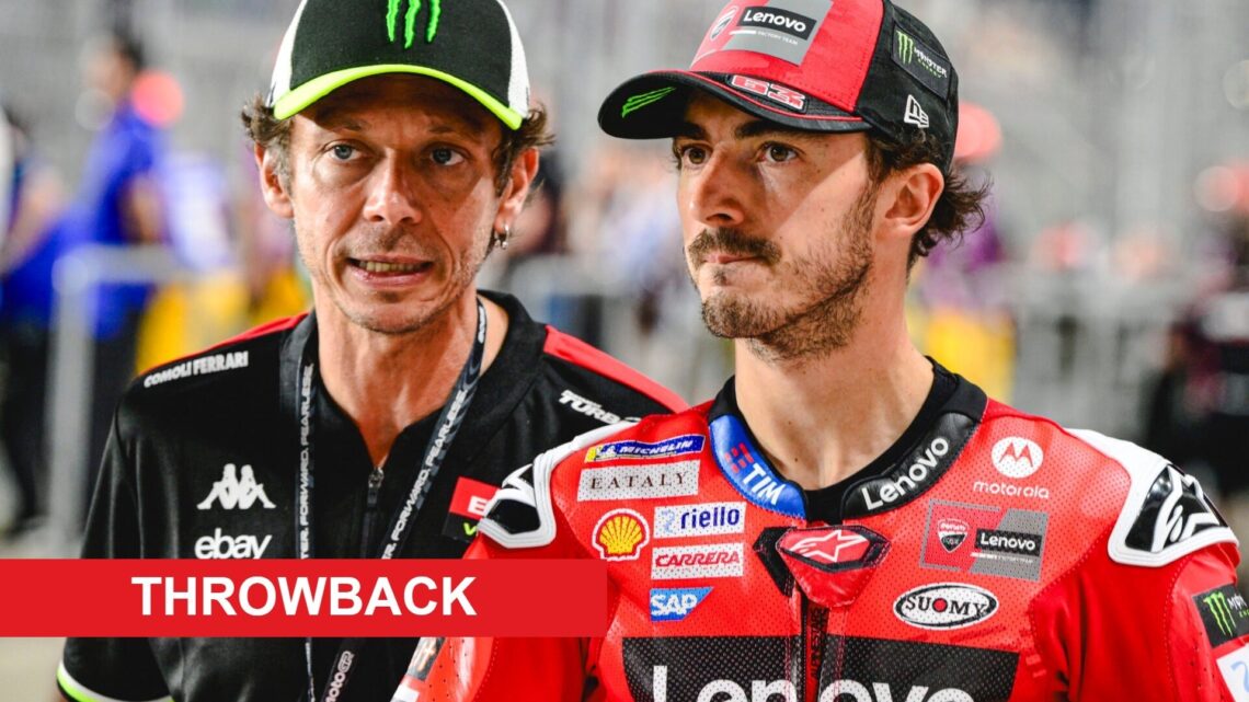 Valentino Rossi and Francesco Bagnaia pictured at the 2025 Qatar Grand Prix, with a Throwback banner