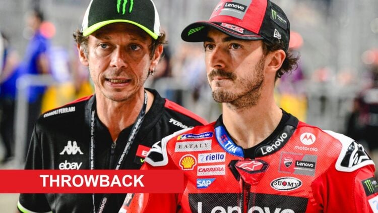 Valentino Rossi and Francesco Bagnaia pictured at the 2025 Qatar Grand Prix, with a Throwback banner