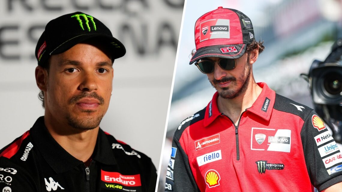 Split image of VR46 rider Franco Morbidelli (L) and Ducati rider Francesco Bagnaia (R)