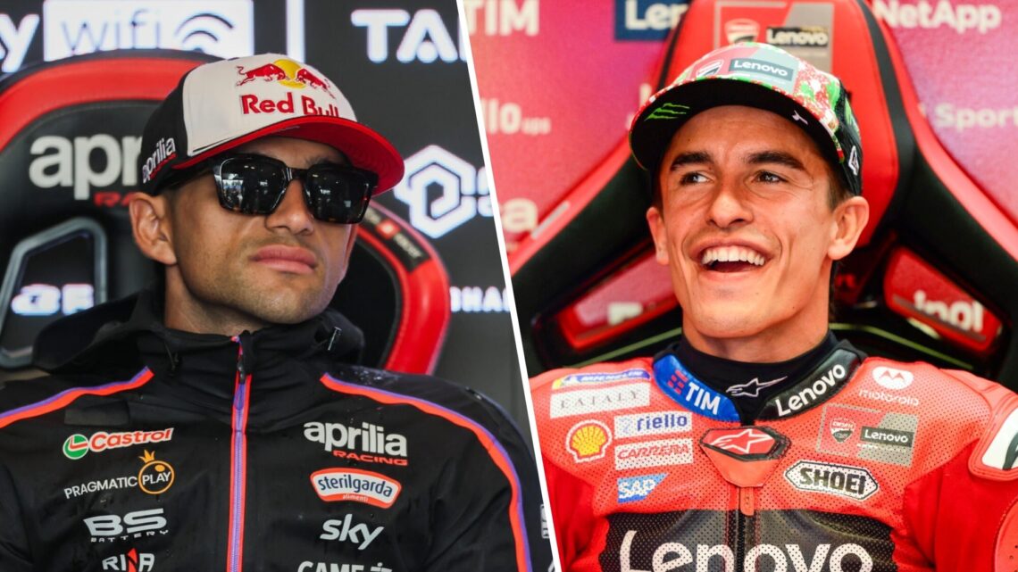 Jorge Martin in the Aprilia garage during practice for the 2025 MotoGP Czech Grand Prix and Ducati's Marc Marquez at the Italian GP
