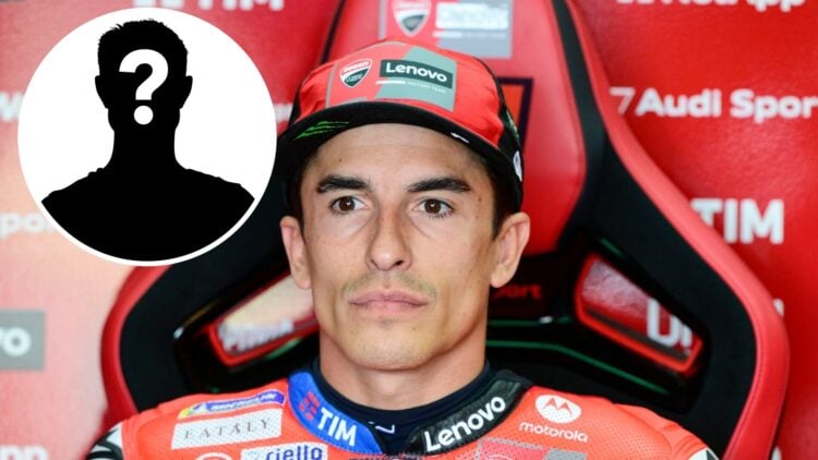 Marc Marquez of Ducati inside his garage at the 2025 German Grand Prix, inset Mystery rider