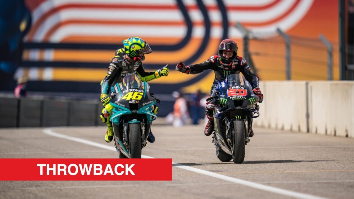 Fabio Quartararo and Valentino Rossi congratulating each other after the Americas Grand Prix in 2021