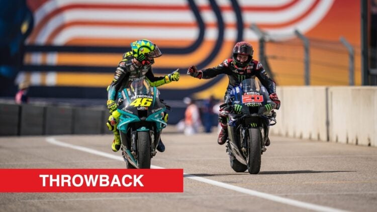 Fabio Quartararo and Valentino Rossi congratulating each other after the Americas Grand Prix in 2021