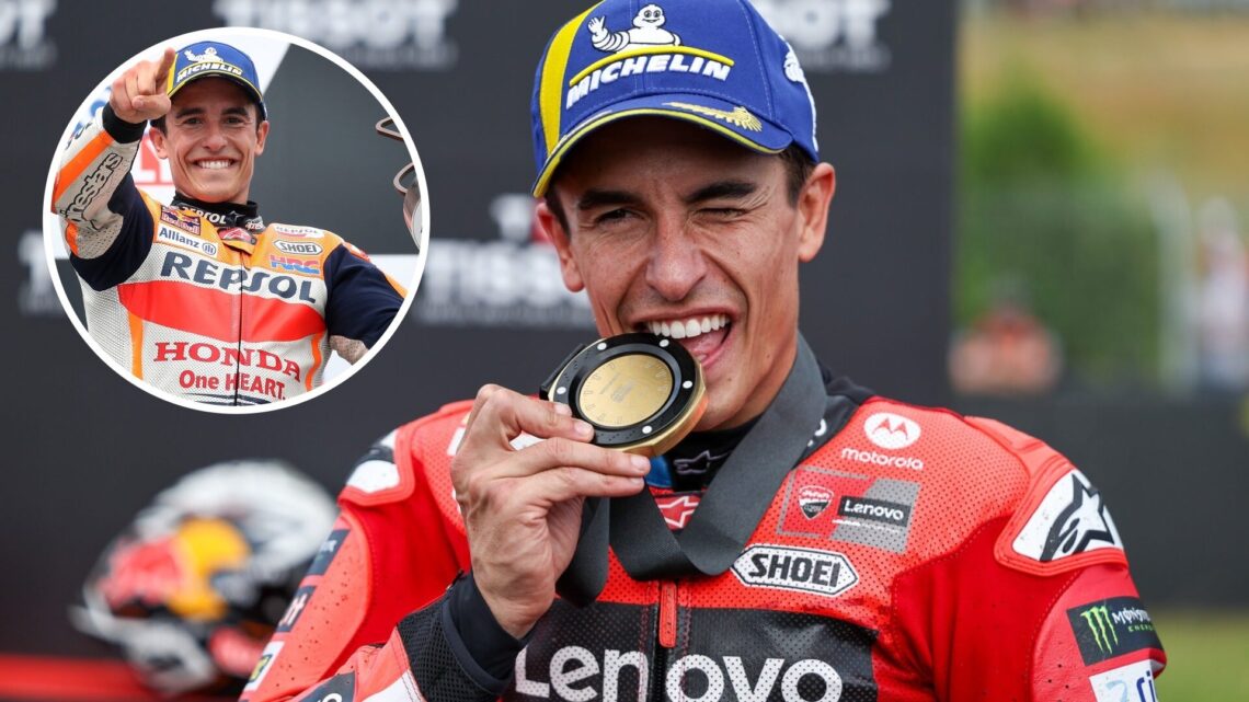 Marc Marquez bites a medal while celebrating for Ducati; inset of him holding a trophy in Honda colours