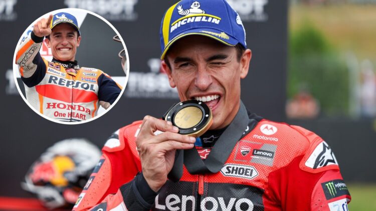 Marc Marquez bites a medal while celebrating for Ducati; inset of him holding a trophy in Honda colours