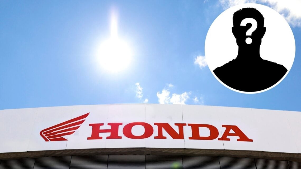 The Honda logo pictured at the 2022 Aragon Grand Prix, inset Mystery