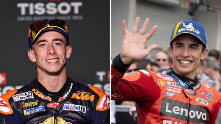 Pedro Acosta of KTM smiles in a press conference (L); Marc Marquez of Ducati makes a five gesture with his hand (R)