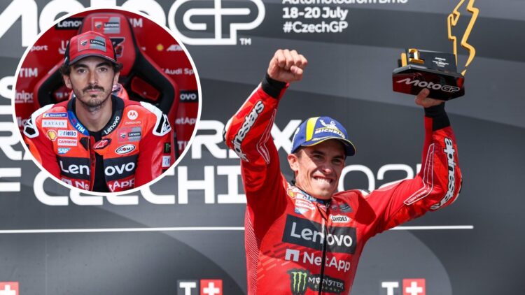 Ducati rider Marc Marquez celebrates on the podium after winning the 2025 MotoGP Czech Grand Prix with an inset of Francesco Bagnaia