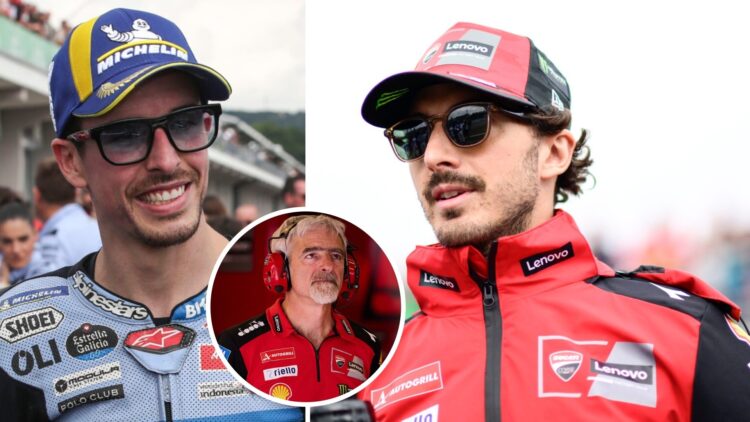 Gresini rider Alex Marquez celebrates after the 2025 MotoGP German Grand Prix and Ducati's Francesco Bagnaia with an inset of Luigi Dall'Igna