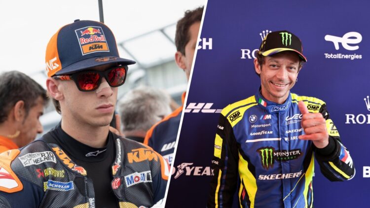 Split image of Pedro Acosta (L) on the grid at the 2025 German Grand Prix and MotoGP legend Valentino Rossi (R)