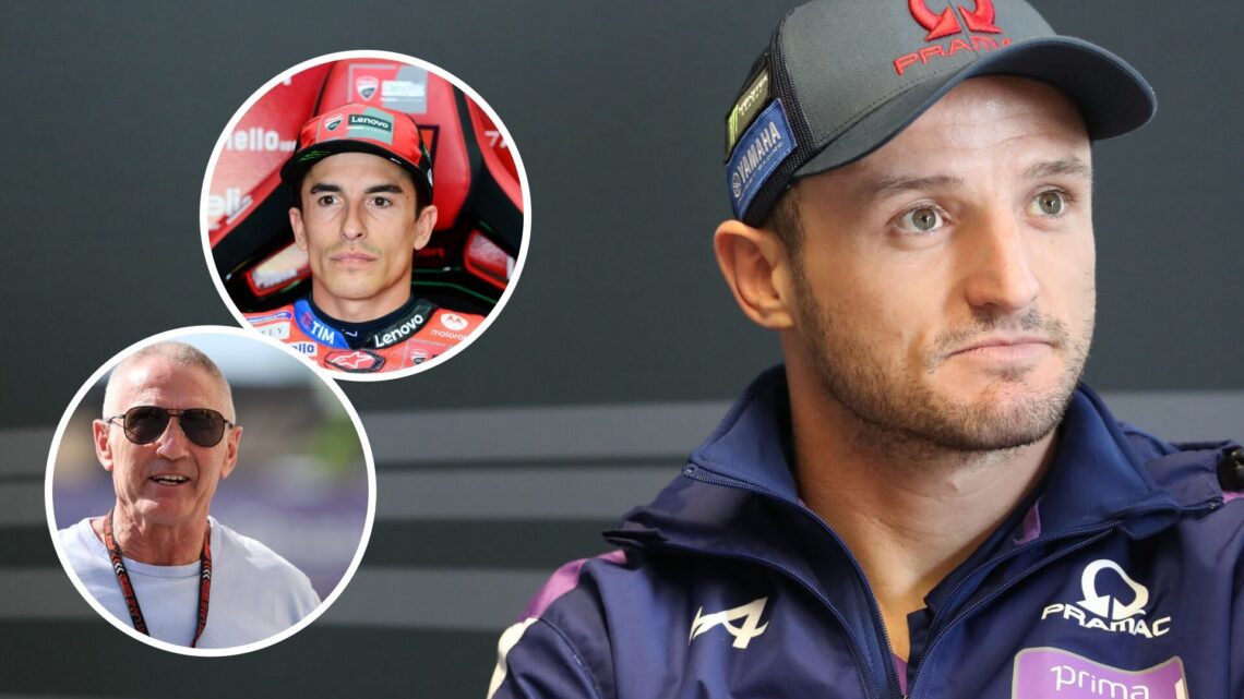 Jack Miller of Pramac looks on in a MotoGP interview; insets of Marc Marquez and Mick Doohan