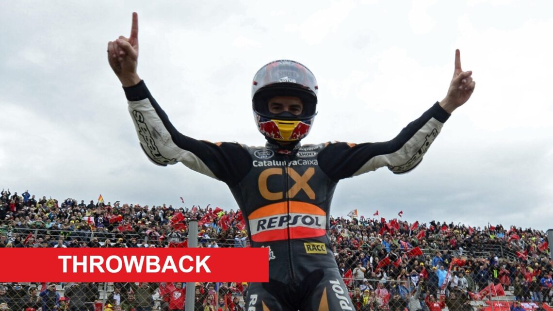Marc Marquez celebrates winning a Moto2 race in 2012; image labelled 'throwback'
