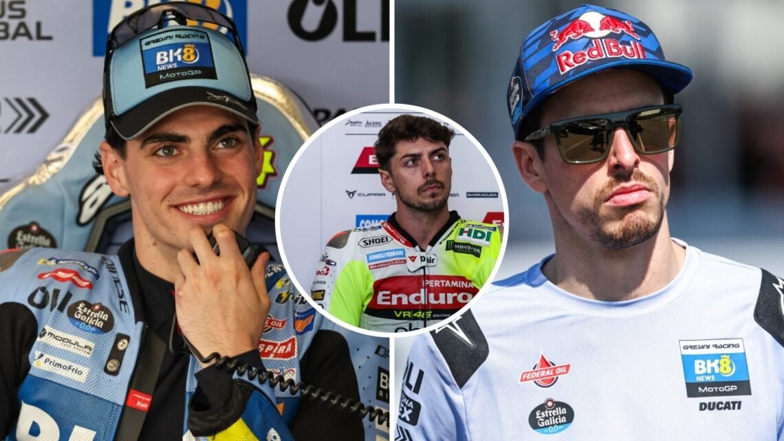 Gresini riders Fermin Aldeguer and Alex Marquez with an inset of VR46's Fabio Di Giannantonio