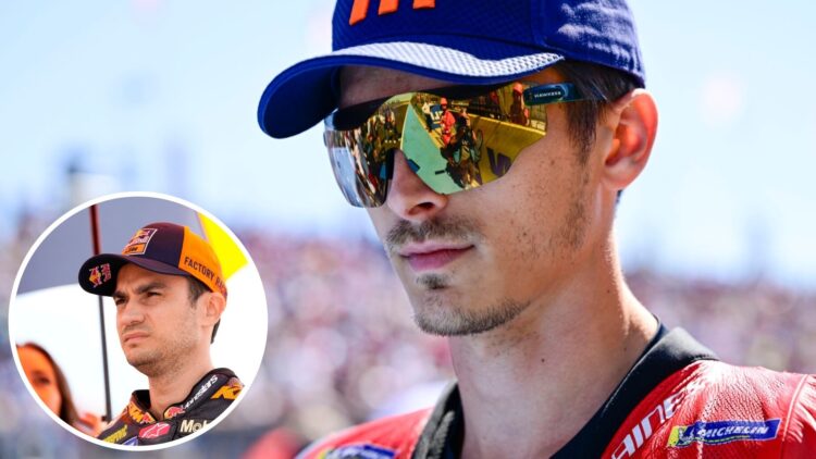 Honda rider Luca Marini on the grid for the 2025 MotoGP Hungarian Grand Prix at Balaton Park with an inset of Dani Pedrosa