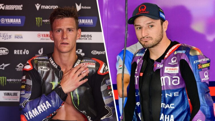 Jack Miller getting ready for a MotoGP session in the Pramac garage on the right and Fabio Quartararo sitting in his Yamaha garage during a MotoGP ...