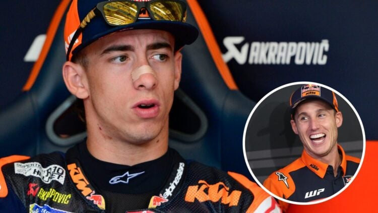 Pedro Acosta in the KTM garage during practice for the 2025 MotoGP Austrian Grand Prix with an inset of Pol Espargaro speaking to the media at Bala...