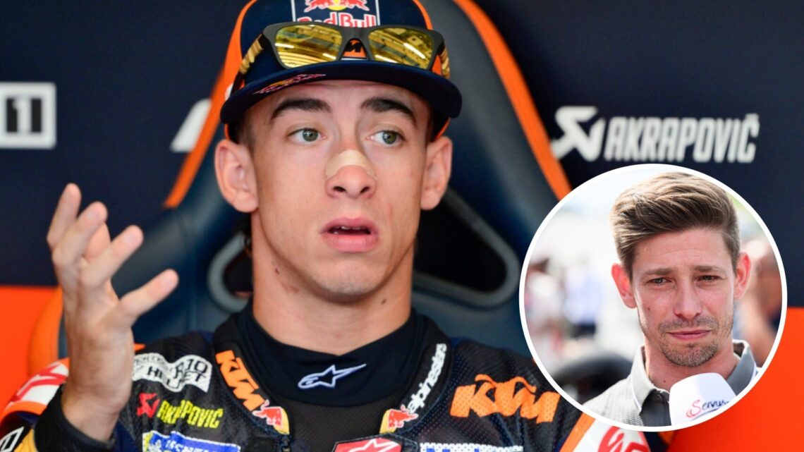 KTM rider Pedro Acosta in the garage during practice for the 2025 MotoGP Austrian Grand Prix with an inset of Casey Stoner