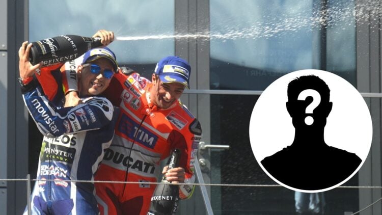Ducati's Andrea Iannone celebrates with Yamaha's Jorge Lorenzo on the 2016 MotoGP Austrian Grand Prix podium with a mystery person inset