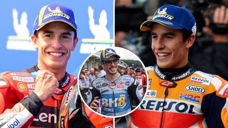 Marc Marquez celebrates scoring pole position for the 2025 MotoGP Hungarian Grand Prix for Ducati (left) and winning the 2019 Valencia Grand Prix f...
