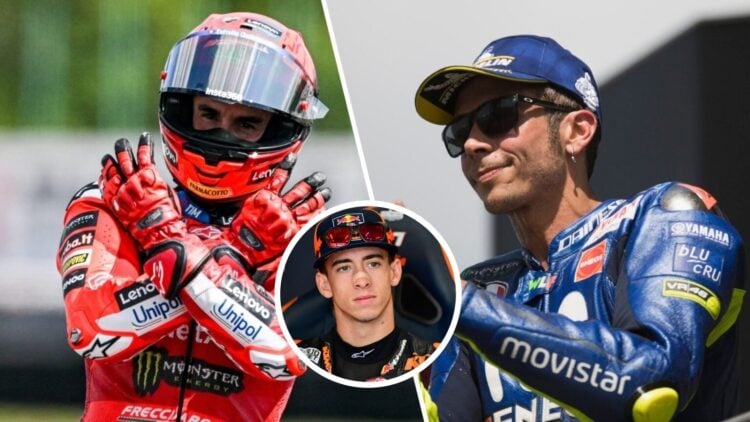 Split image of Ducati rider Marc Marquez (L) at the 2025 Czech Grand Prix and MotoGP legend Valentino Rossi (R) with Pedro Acosta in the overlay image
