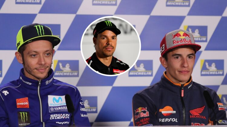 Marc Marquez of Honda and Valentino Rossi of Yamaha at the 2018 Australian Grand Prix and Franco Morbidelli