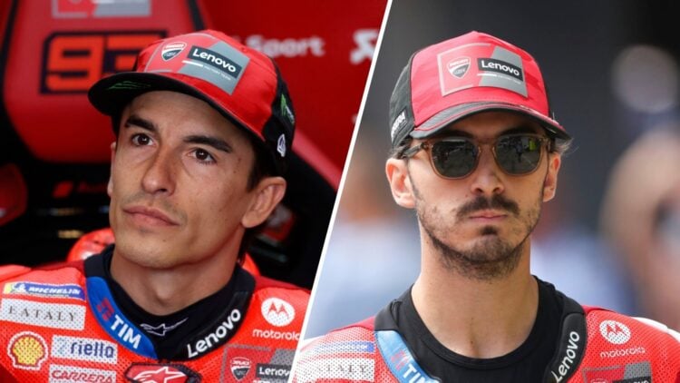 Marc Marquez sits in the Ducati MotoGP garage (L); Francesco Bagnaia walks in the pit lane (R)