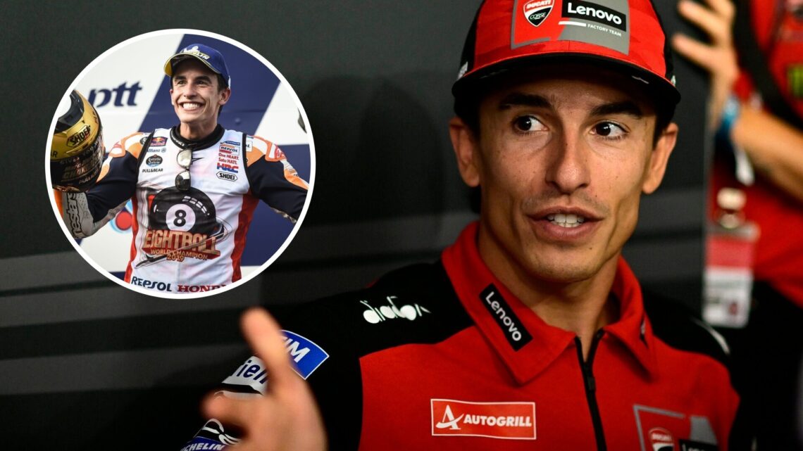 Marc Marquez gestures in a MotoGP media briefing; inset of him celebrating his eighth title at Honda