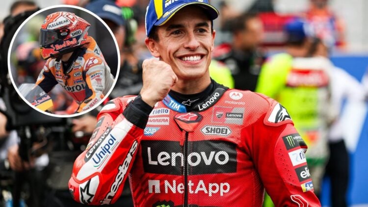 Marc Marquez of Ducati at the 2025 Hungarian Grand Prix, inset Marc Marquez at Honda