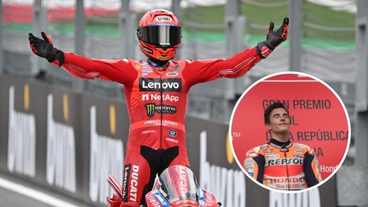 Marc Marquez celebrates on his Ducati MotoGP bike; instead of him standing on the podium for Honda