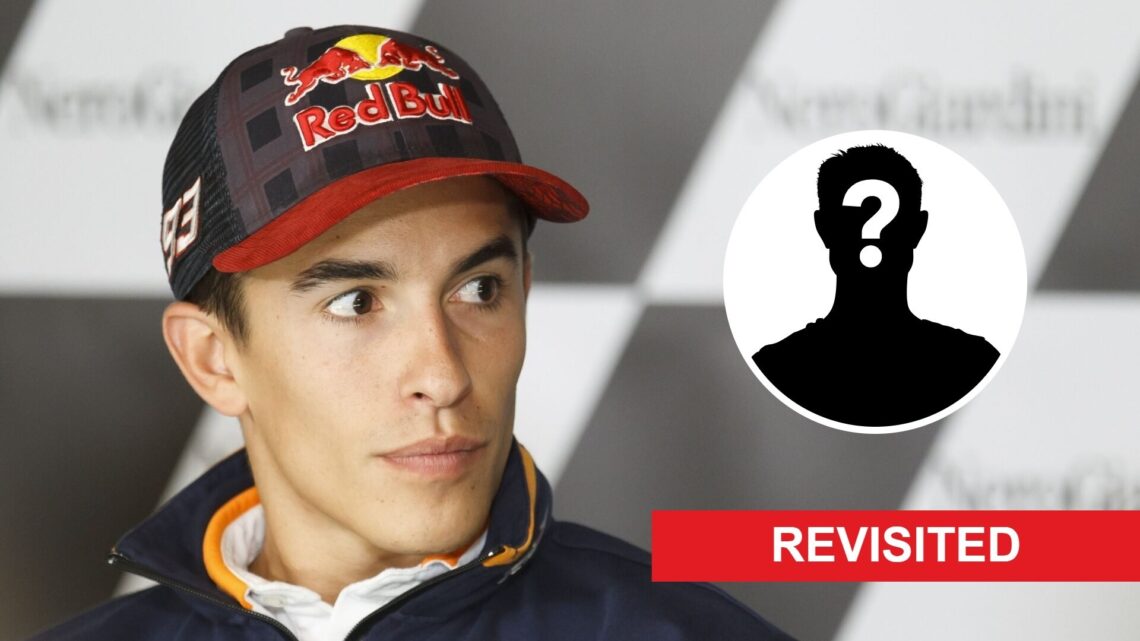 Marc Marquez sits in a press conference for Honda; inset of a mystery MotoGP rider; image labelled 'throwback'