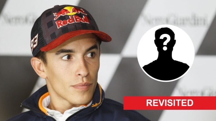 Marc Marquez sits in a press conference for Honda; inset of a mystery MotoGP rider; image labelled 'throwback'