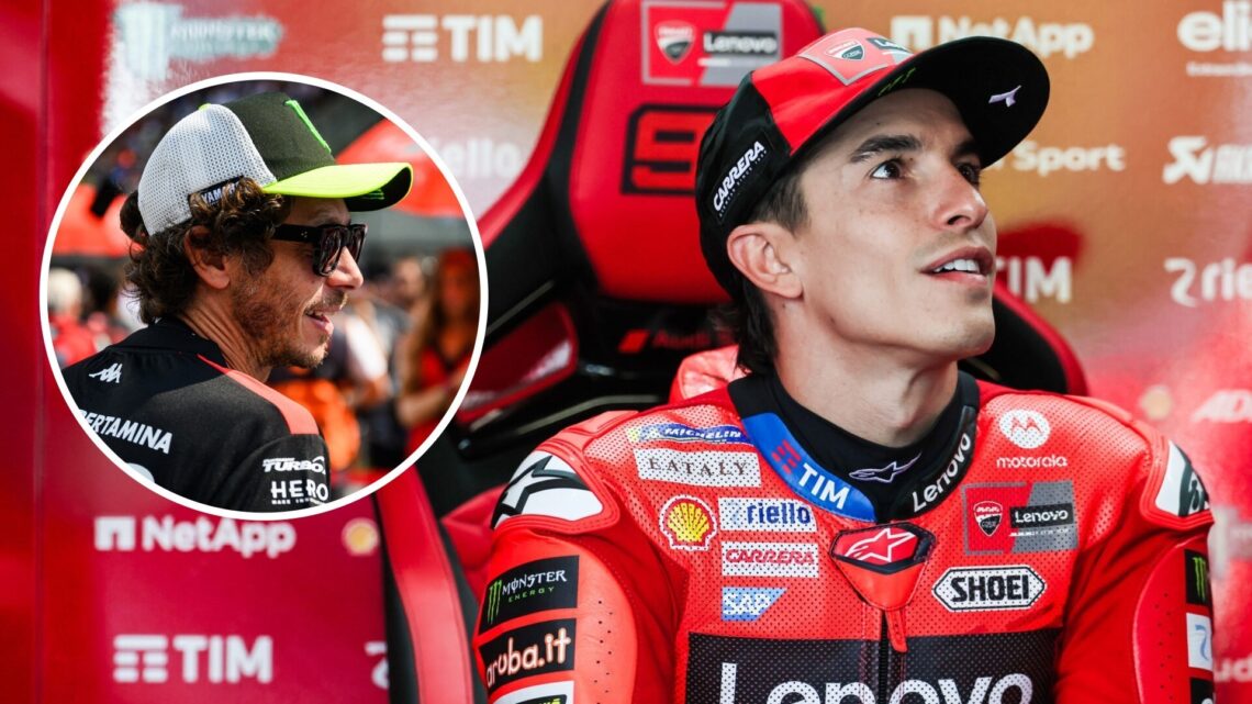 Marc Marquez sits in the Ducati MotoGP garage; inset of Valentino Rossi