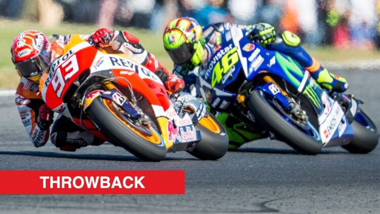 Honda rider Marc Marquez and Yamaha's Valentino Rossi on track during the 2015 Australian Grand Prix at Phillip Island