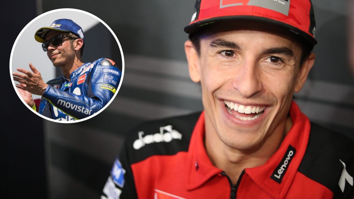 Marc Marquez of Ducati in the media briefing at the 2025 Hungarian Grand Prix, inset Valentino Rossi