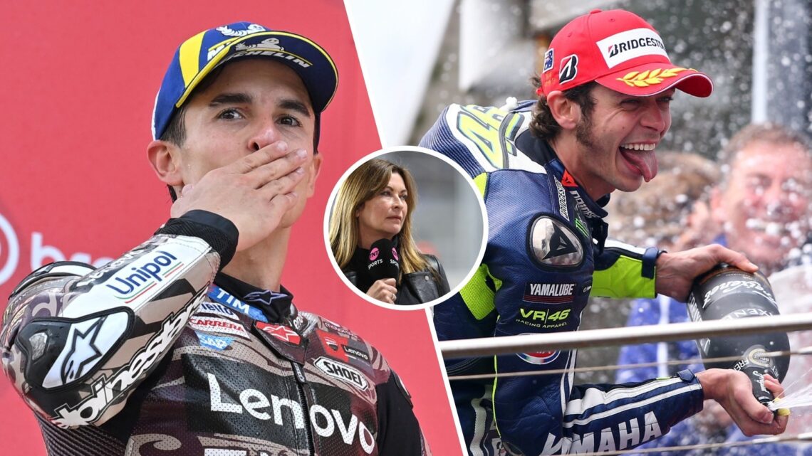 Marc Marquez blows a kiss on the podium (L); Valentino Rossi sprays champagne (R); inset of Suzi Perry