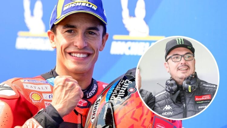 Ducati rider Marc Marquez celebrates scoring pole position for the 2025 MotoGP Hungarian Grand Prix at Balaton Park with an inset of VR46 team mana...