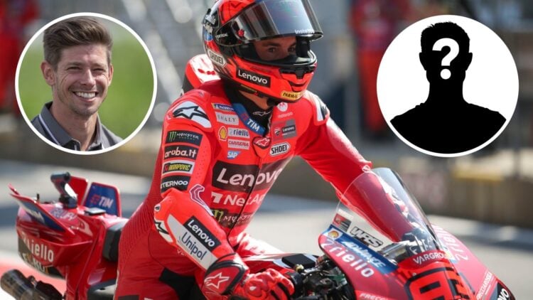 Marc Marquez in the pit lane at the 2025 Austrian Grand Prix, insets Casey Stoner and Mystery