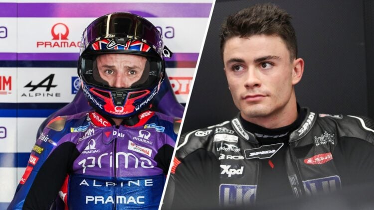 Jack Miller sits in the Pramac MotoGP garage (L); Moto2 rider Manuel Gonzalez looks on (R)
