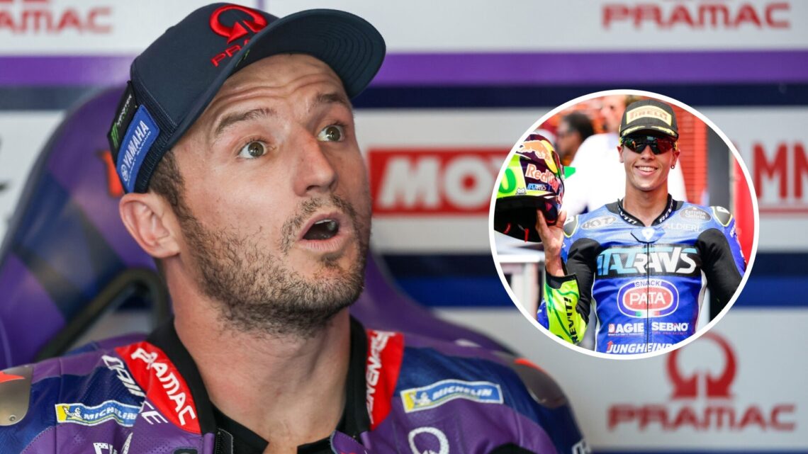 Jack Miller of Pramac looks shocked in the garage; inset of Moto2 rider Diogo Moreira