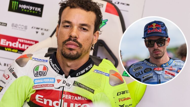 Franco Morbidelli sits in the VR46 MotoGP garage; inset of Gresini rider Alex Marquez