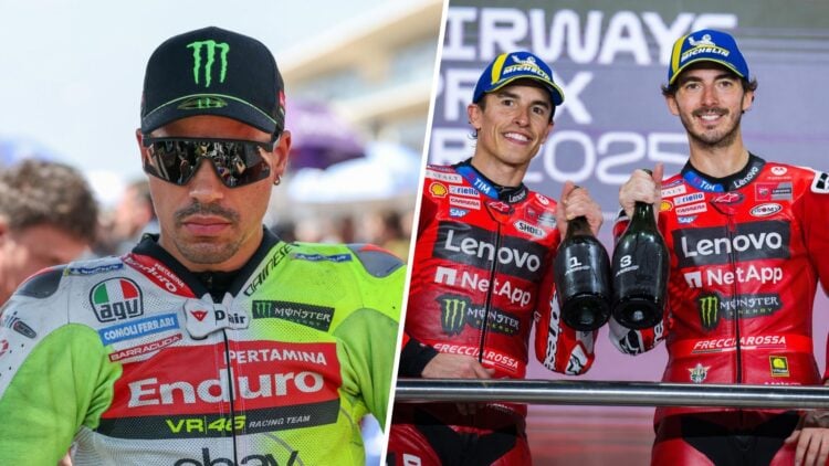 Split image of VR46 rider Franco Morbidelli (L) and Ducati riders Marc Marquez and Francesco Bagnaia (R)