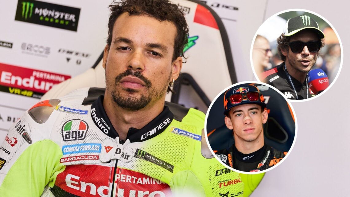 Franco Morbidelli of VR46 at the 2025 Italian Grand Prix, insets Valentino Rossi and Pedro Acosta