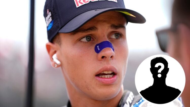 Moto2 rider Diogo Moreira at the 2025 Aragon Grand Prix, inset Mystery rider